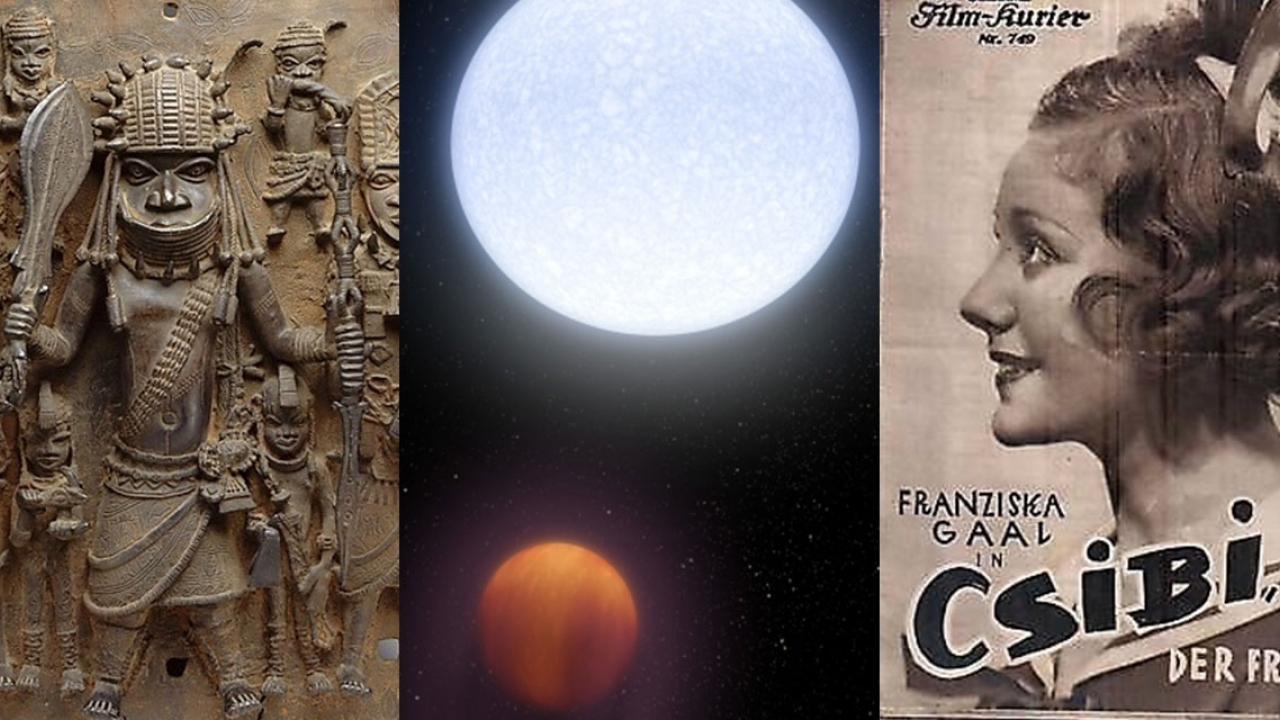 An old movie poster, an image of the moon and mars and ancient etchings of soldiers