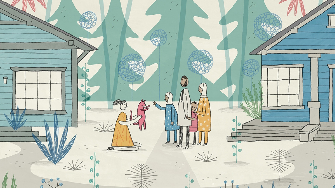 Illustration of a woman and her dog meeting her neighbors, a family from Syria