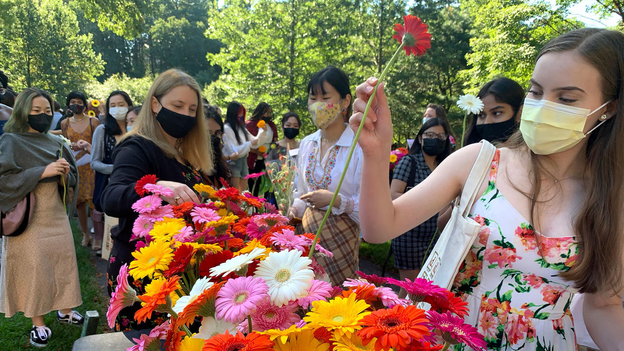 people picking up colorful flowers