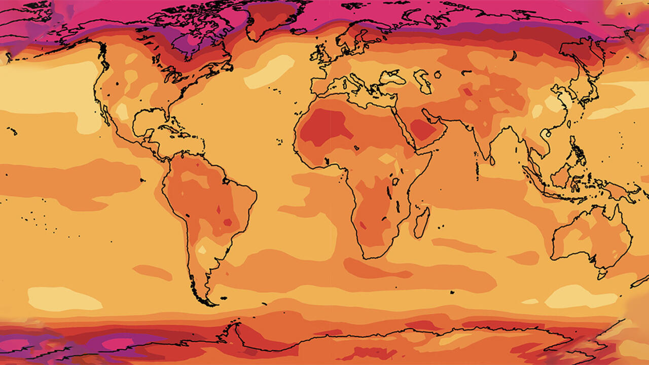 A heat map of the world with temperature markers.