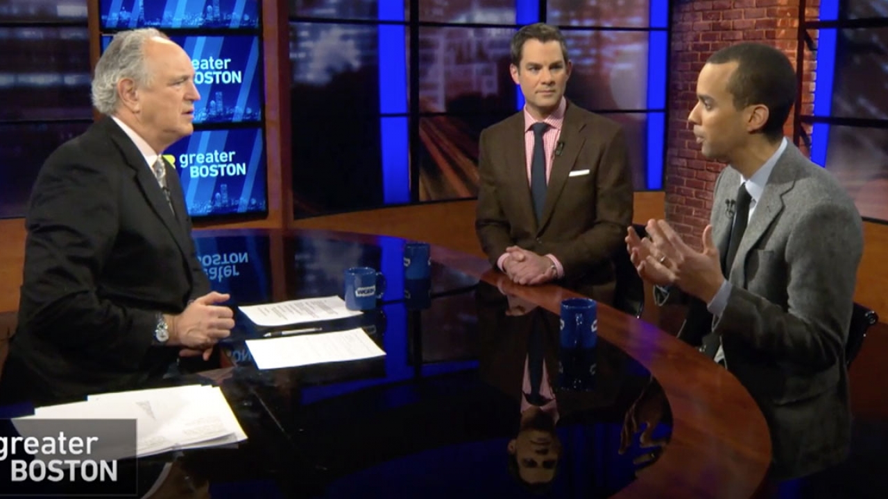 Three men sit around a table on WGBH's Greater Boston
