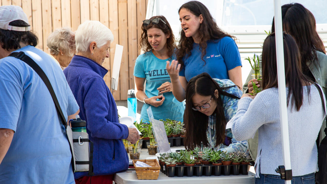 Students and community members gather around small potted plants.