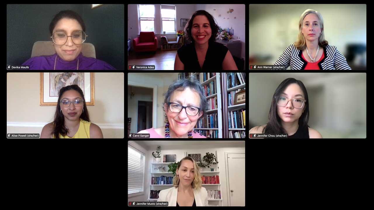 Screenshot shows seven Zoom screens from the June 30th webinar discussing the Dobbs decision.