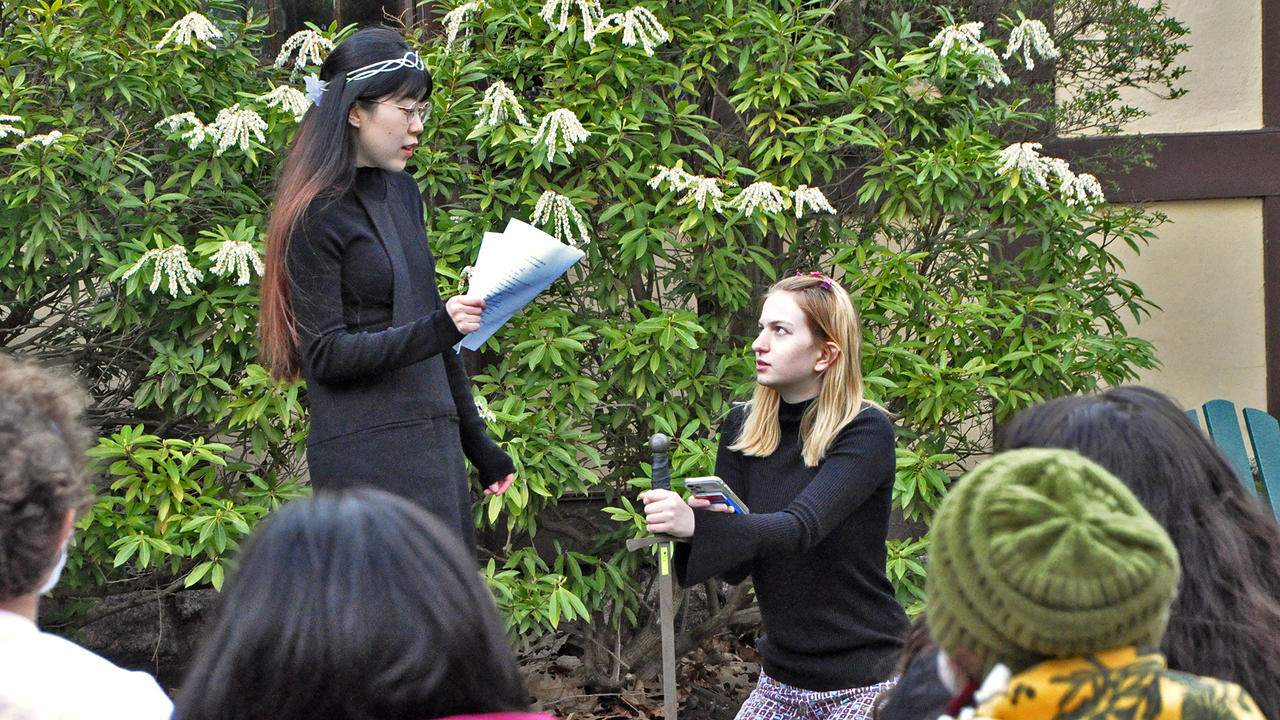 Chuxin Zhang ’24 (left) and Tekla Carlén '24 performed a scene from “Hamlet” during Shakespeare in Translation; Zhang performed 