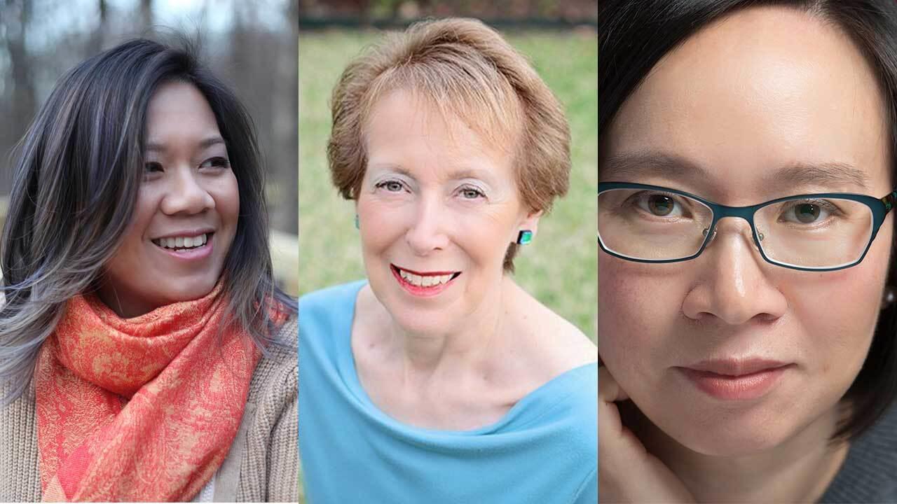 Headshots of Andrea Wang ’92, Cynthia Levinson ’67 and Malinda Lo ’96 