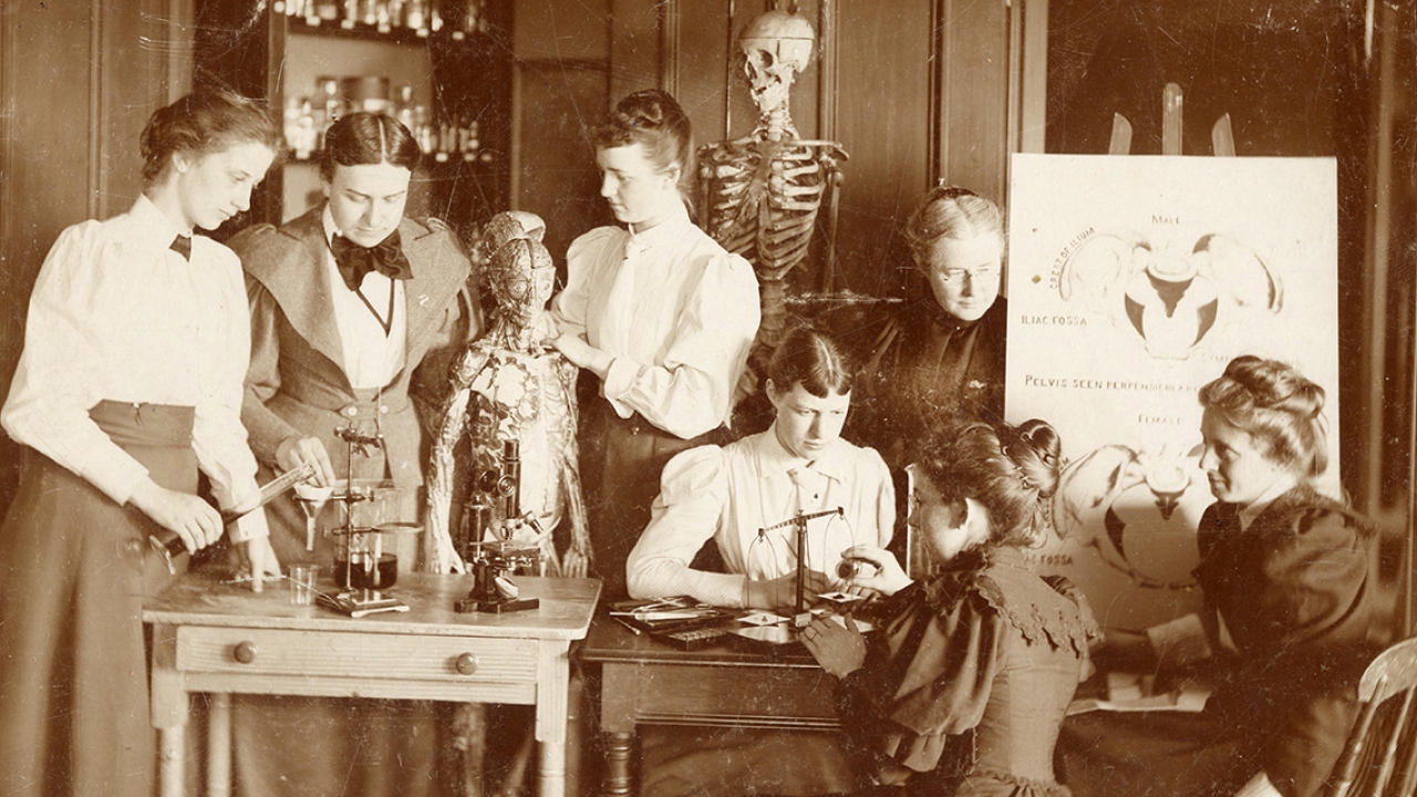 Wellesley College students work in a lab with anatomical skeletons similar to those found at the archeological site.