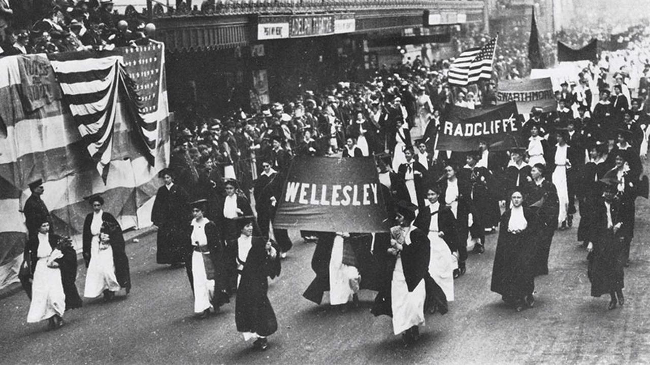 Wellesley students participate in a march for suffrage in Philadelphia in 1915.