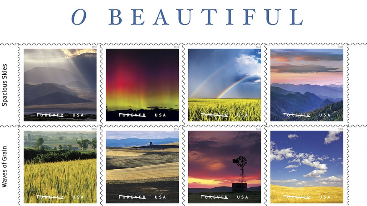 Eight images of the US Postal Service's Forever Stamps depicting scenes of Spacious Skies and Waves of Grain across the U.S.
