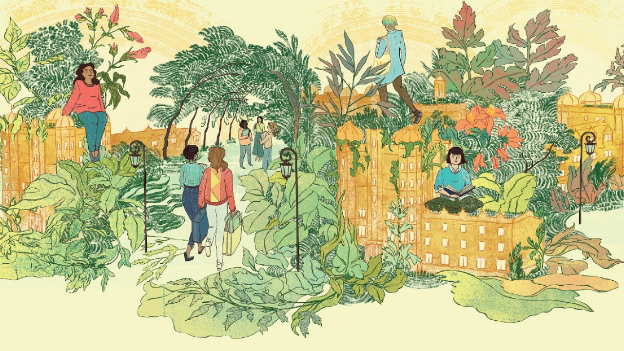 A drawing of the Wellesley College campus, students on campus