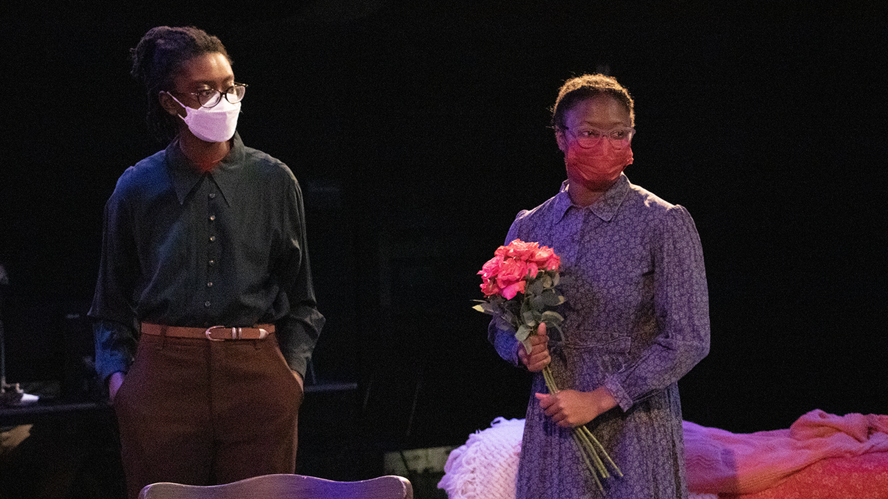 Zaria Bunn and Grace Dodd on stage during a scene from a scene in Flyin' West.