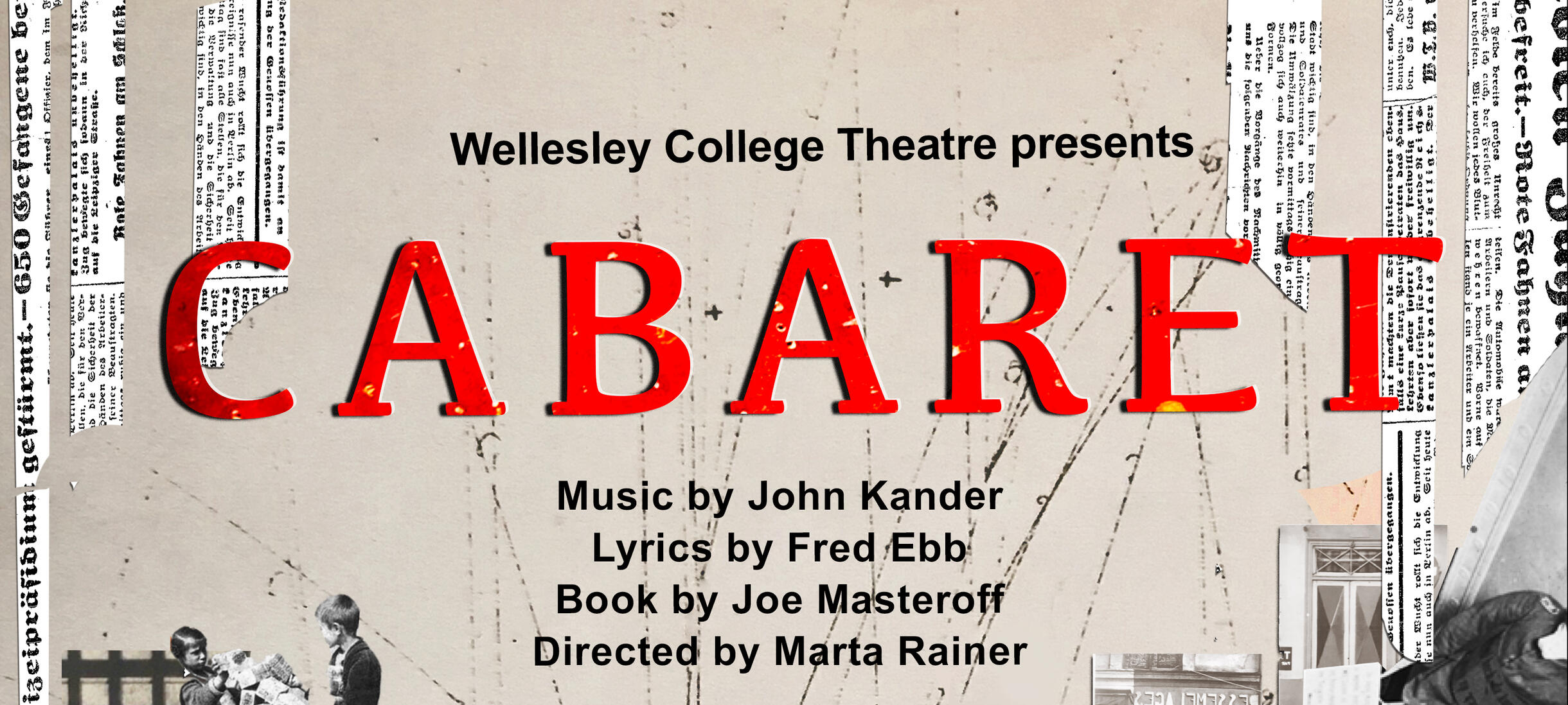 Play title over greyscale collage