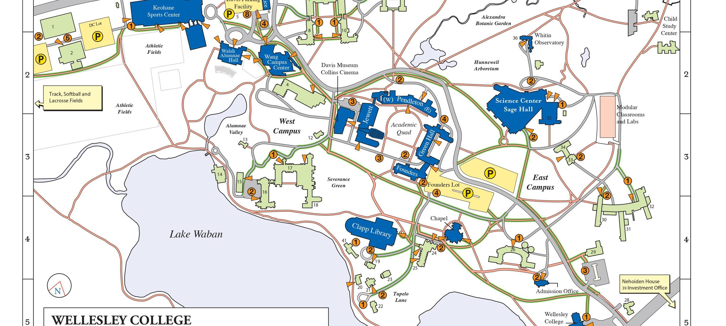 A map of the Wellesley College campus designed to highlight where there are wheelchair negotiable paths.
