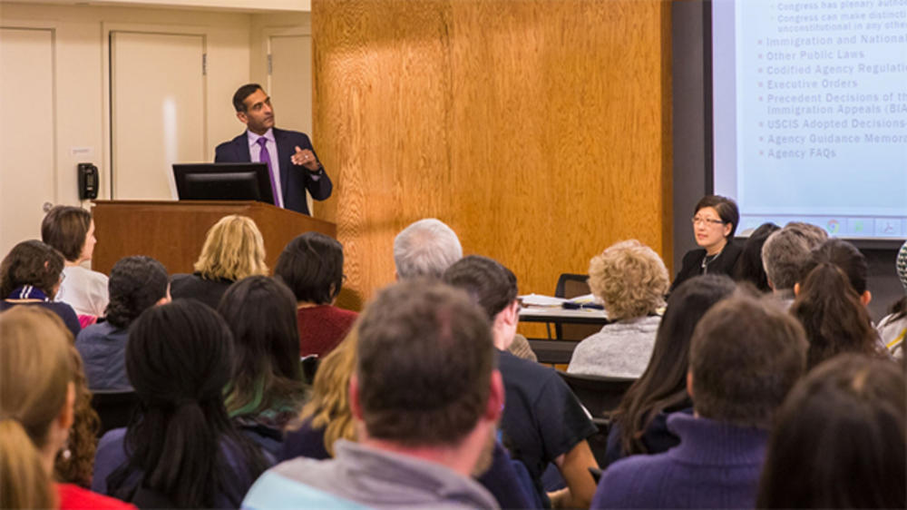 Prasant Desai, an immigration attorney discusses emerging issues for undocumented immigrants in the Library Lecture Room.