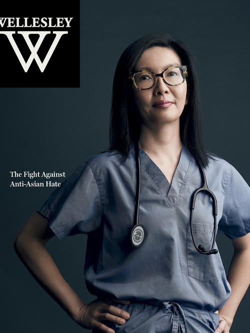 Cover of Wellesley College Fall 2021 magazine featuring an Asian wearing scrubs and a stethoscope around their neck.